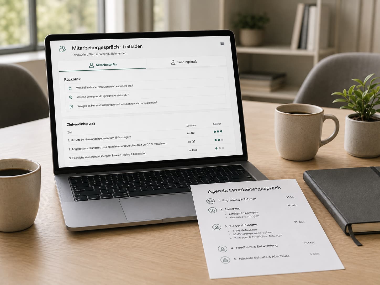Mitarbeitergespräch-Workbook auf einem Laptop: Vorbereitungsbogen und Zielvereinbarung